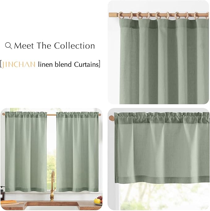 jinchan Linen Textured Tier Curtains 36 Inch for Kitchen Windows Farmhouse Cafe Curtains Small Drapes Rustic Light Filtering Half Window for Living Room Laundry Rod Pocket 2 Panels Green