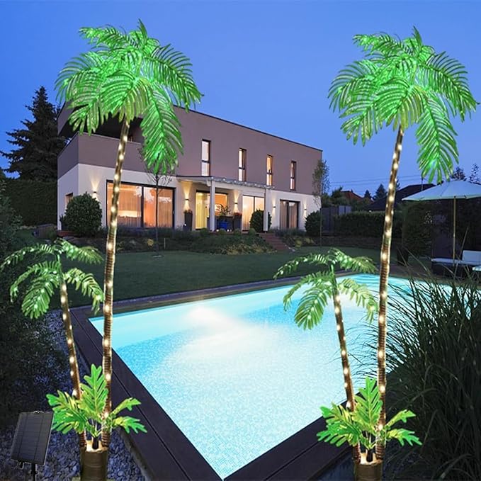 Solar Artificial Palm Trees for Outside Patio,Lighted Palm Tree 6Ft LED Christmas Tree Fake Tropical Plant Light for Tiki Bar Pool Porch Deck Party