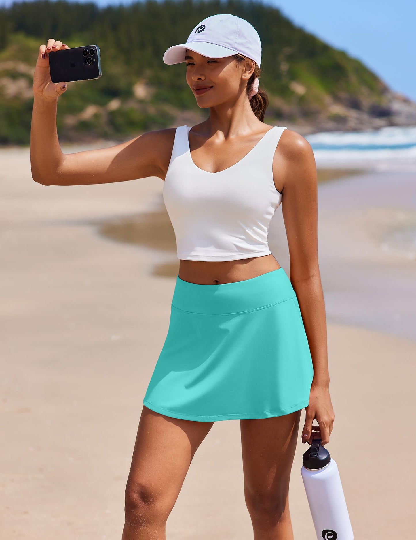PINSPARK Pleated Tennis Skirt with Pockets Athletic Skort Women for Golf Pickleball Workout Tummy Control,Turquoise Large
