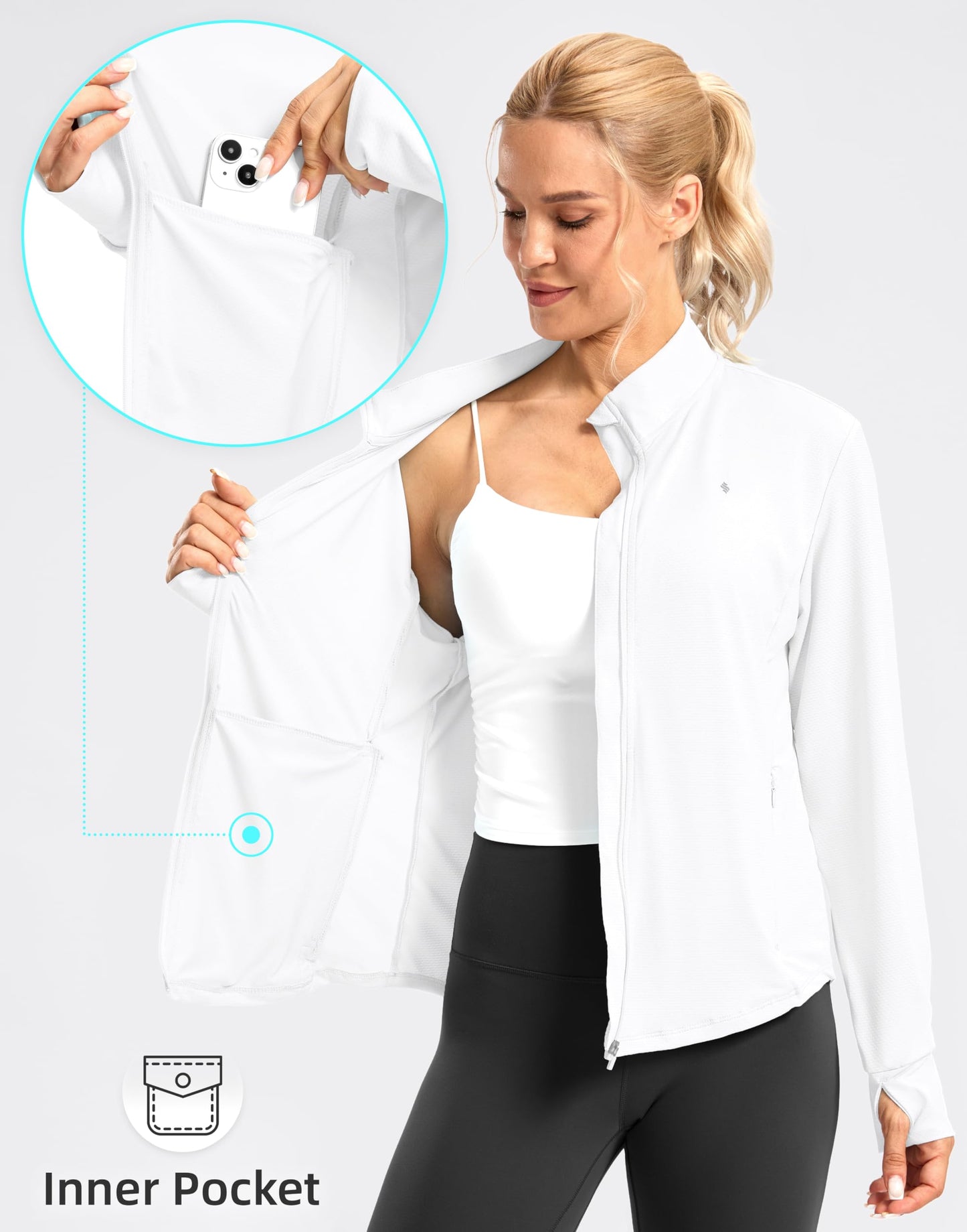 Soothfeel Women's UPF 50+ Lightweight Athletic Jackets Sun Protection Zip Up Long Sleeve Shirts Hiking Workout Outdoor Pocket, White, L