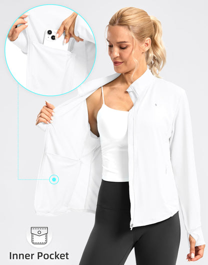 Soothfeel Women's UPF 50+ Lightweight Athletic Jackets Sun Protection Zip Up Long Sleeve Shirts Hiking Workout Outdoor Pocket, White, M