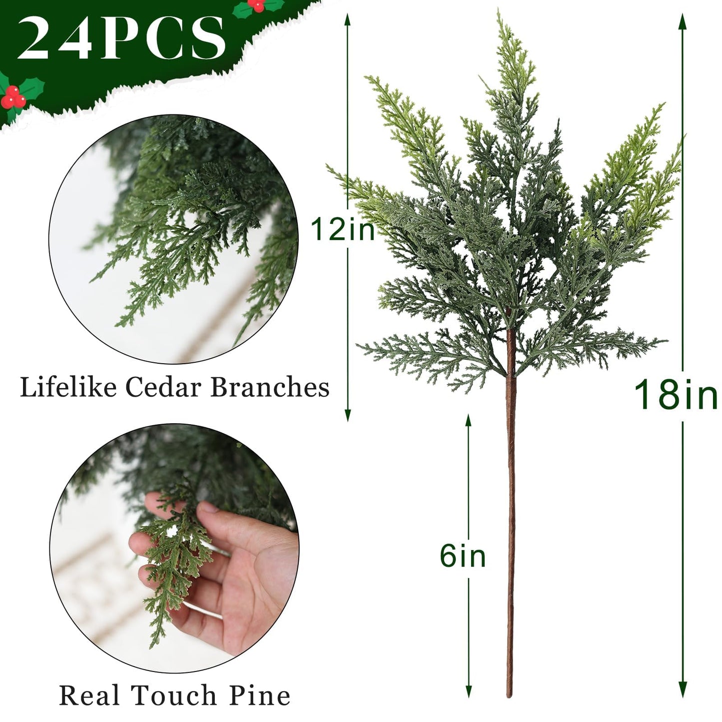 GLIDLION 18" Soft Textured Cedar Branches -24 Pcs, Artificial Christmas Cedar Branch Realistic Fake Pine Picks Faux Greenery Plants Stem for Vase DIY Crafts Garland Wreath Indoor Outdoor Home Decor