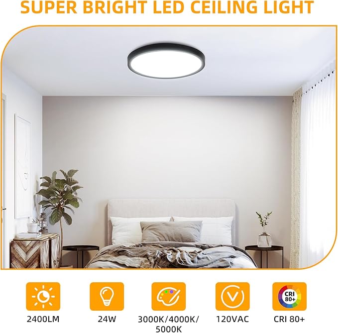 Hlite 2pack 12 inch Flush Mount LED Ceiling Light Fixture,24W 2400LM Super Slim Light Fixtures Ceiling Mount 3000K/4000K/5000K 3CCT Selectable,Ceiling Light Fixtures for Kitchen,Bedroom (Black)