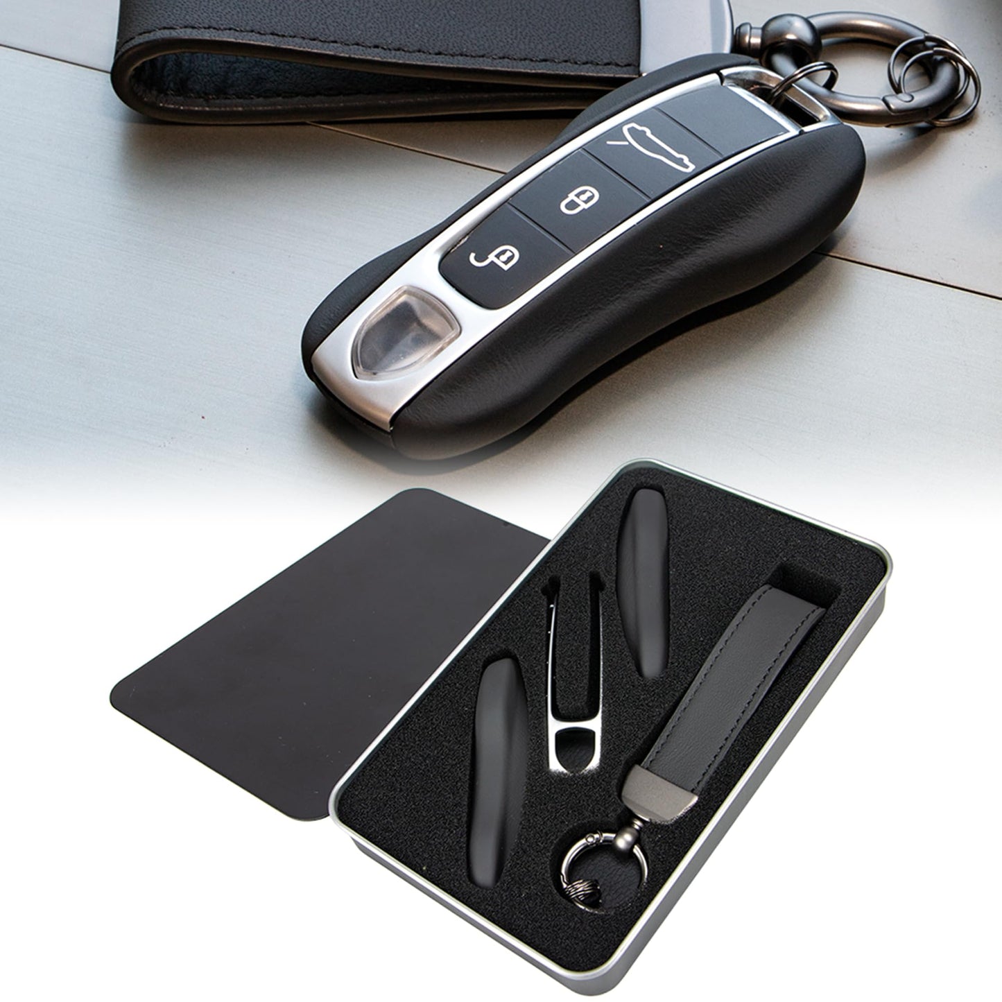 AeroBon 3-Piece Leather Key Fob Shell and Keychain Set Compatible with Porsche Key Fob Replacement (MK2, Black)