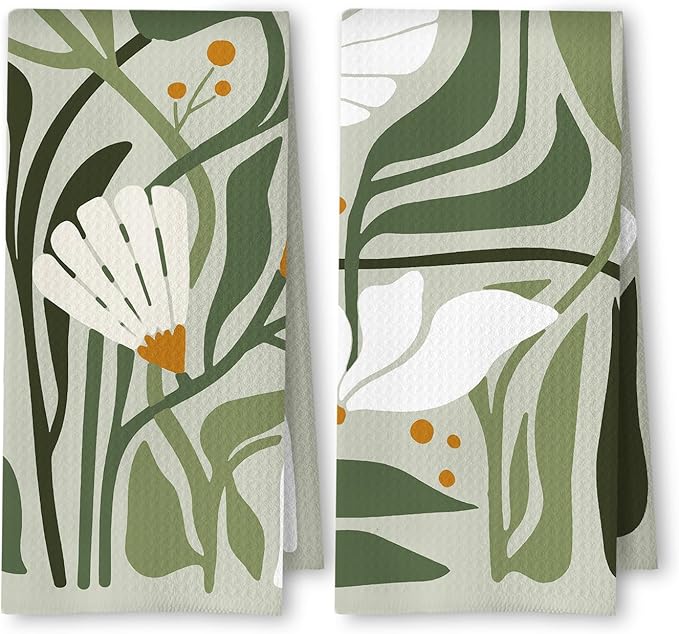 Abstract Boho Sage Green Floral Kitchen Towels Set of 2, 70s Retro Groovy Boho