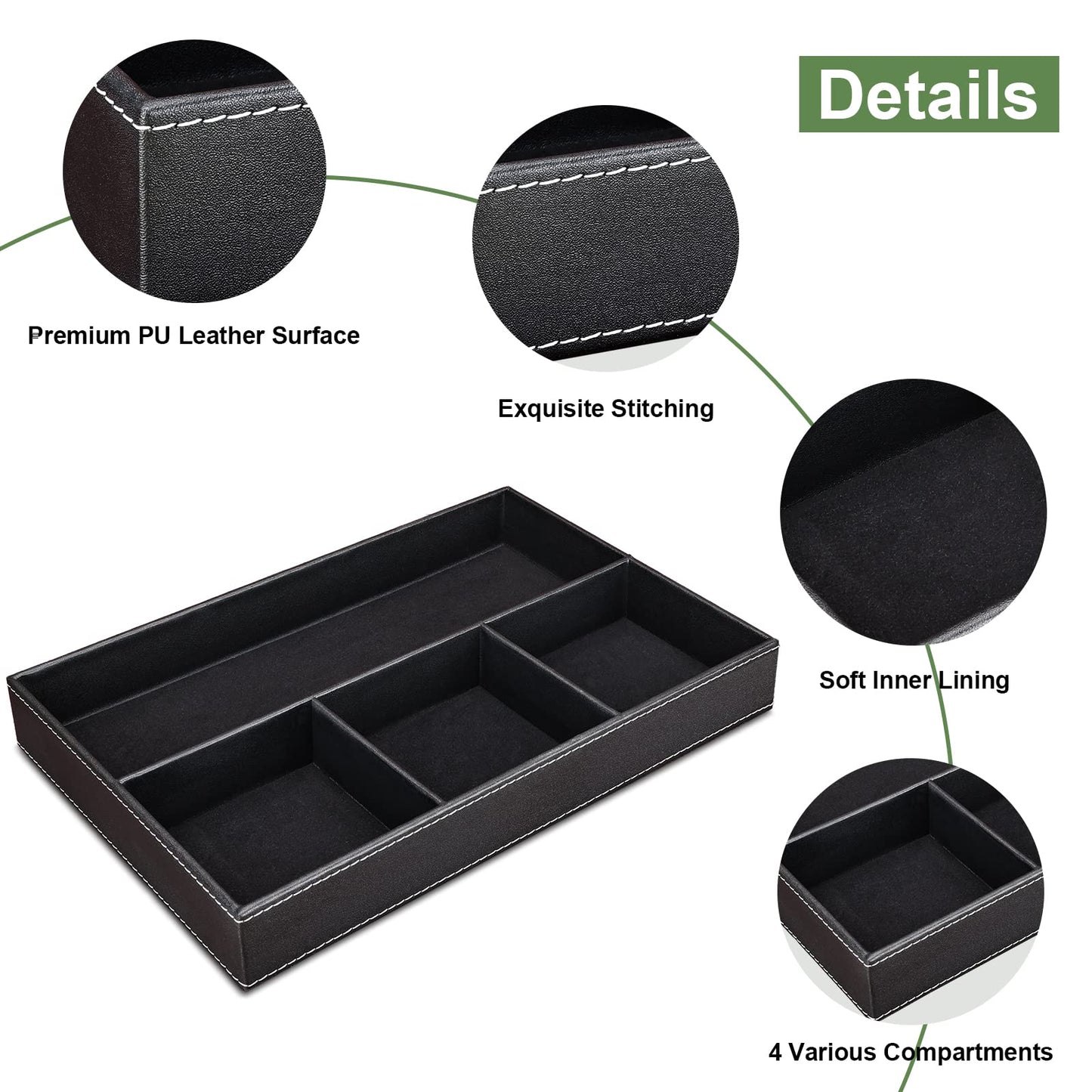 GORESE 2 Pieces Faux Leather Valet Tray for Men, Stackable Jewelry Organizer for Drawers, Nightstand Caddy Tray for Key, Wallet, Sunglass, Watch, Coin, Phone, Bedside Desk-top Storage Black