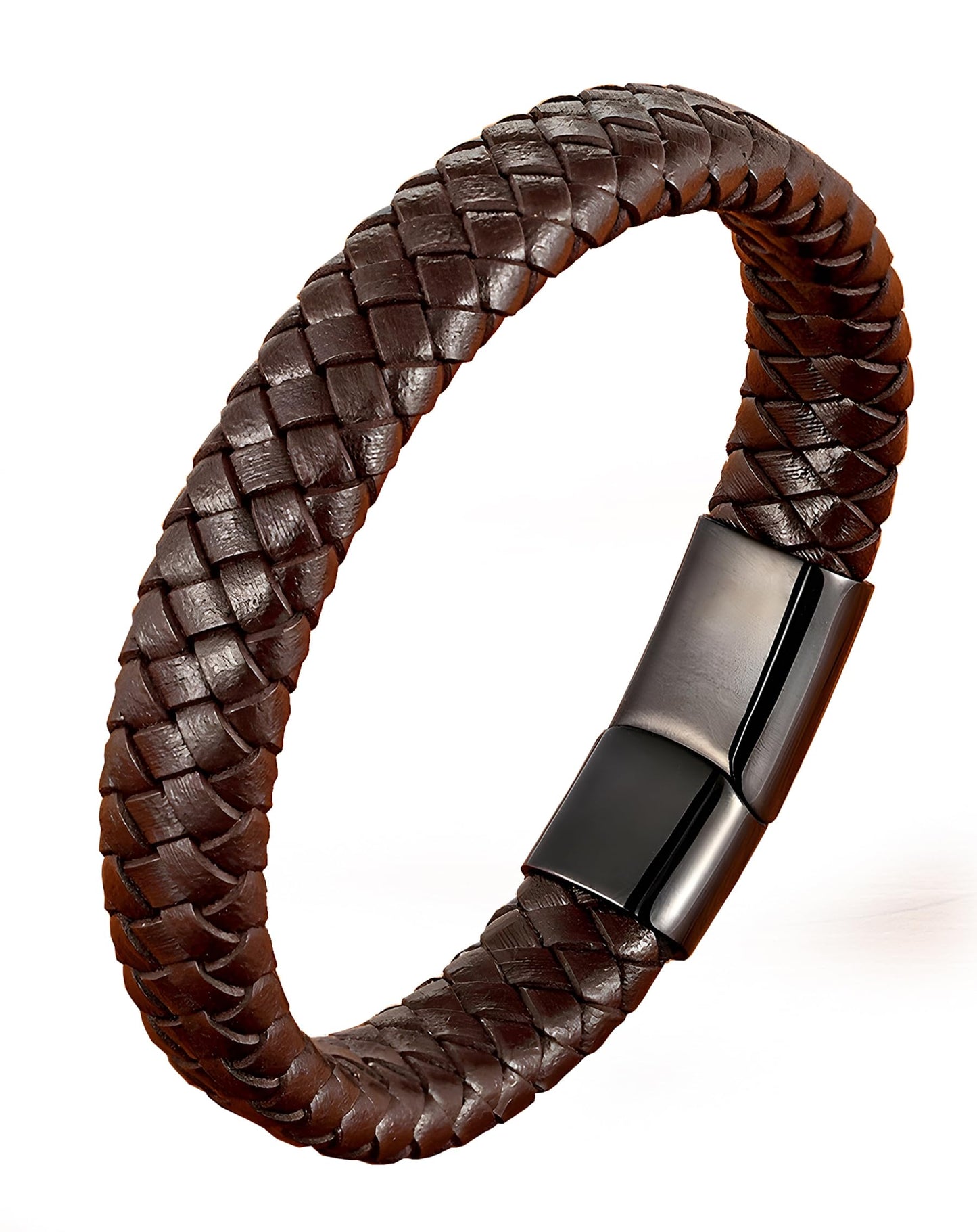 Deerllia Leather Bracelet for Men, Braided Cuff with Stainless Steel Clasp Stacked Multi Style Color Anniversary Father's Day Birthday Christmas Jewelry Gifts for Him, Black Clasp Brown Leather