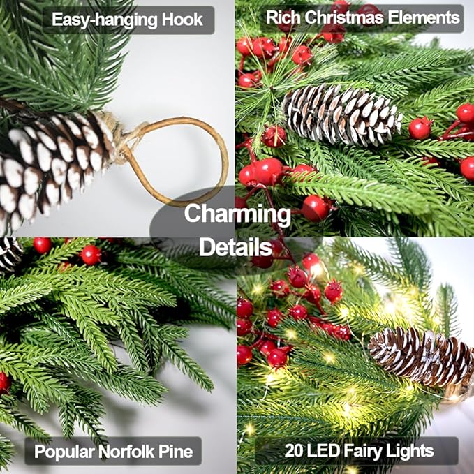 2025 Upgraded 26inch Christmas Swag with Lights Lush Norfolk Pine Teardrop Swags Christmas Wreaths with Lights Greenery Stairway Swags Staircase Decorations for Door Indoor Outdoor Home Hanging Décor