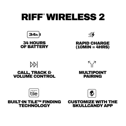 Skullcandy Riff Wireless 2 On-Ear Bluetooth Headphones, Up to 34 Hrs Battery, Foldable Lightweight Design, Convenient for Travel with Included 3.5mm AUX Cable, Microphone for iPhone Android - Black