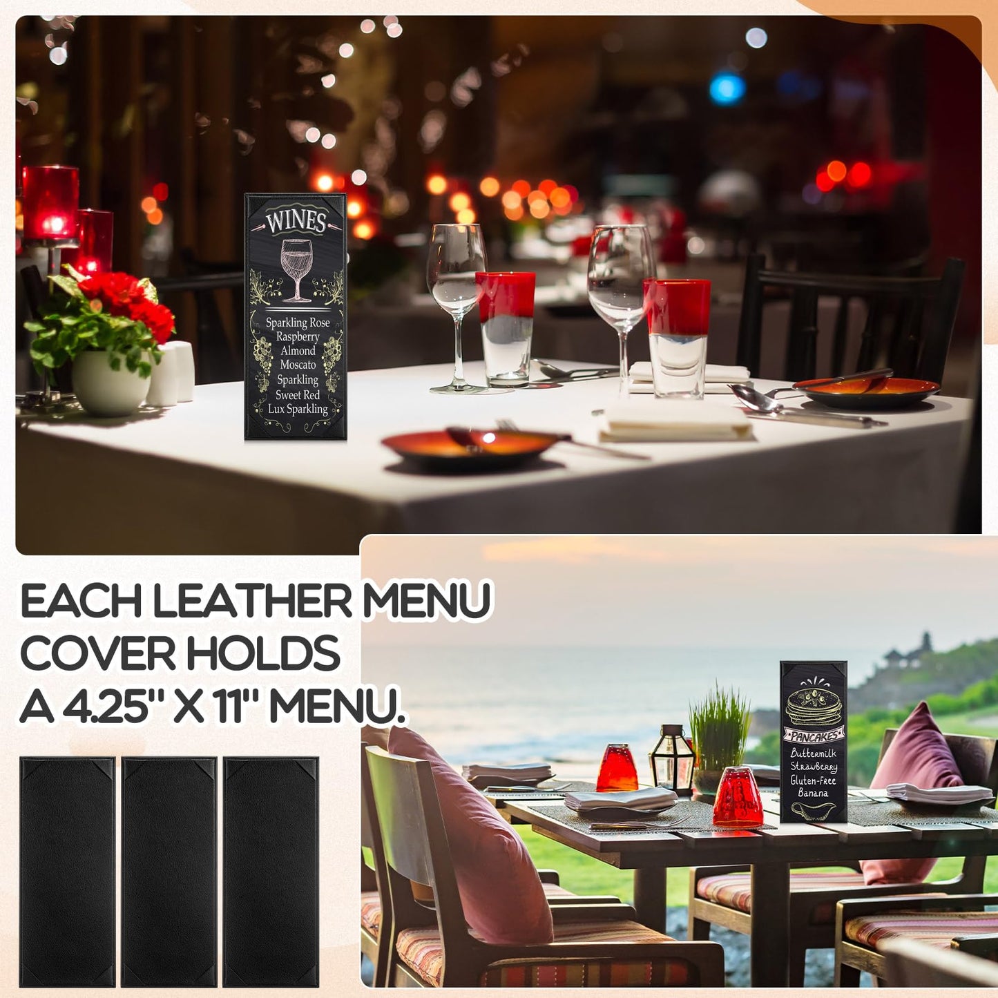 GlikCeil 16 Pcs Restaurant Leather Menu Holders Single Panel Menu Covers for Wine Drinks List 4.25 x 11 Inch Black Menu Book Cover with Angled Corners for bar Hotel Coffee, Single View