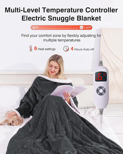 Wearable Heated Blanket with Sleeves, Electric Heated Blanket for Gifts, Electric Throw Wrap Poncho Shawl with Pockets, 6 Heating Levels & 4 Hours Time Settings, 50 x 70 Inch (Grey)