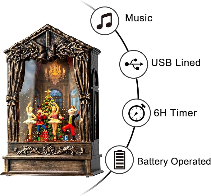 Christmas Snow Globe Lantern Water Glittering Nutcracker Ballet Theatre with Music & Timer, USB Lined/Battery Operated Lighted Lantern for Christmas Festival Decoration Gifts