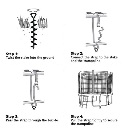 Eurmax USA 4 Pack Heavy Duty Ground Stakes,Industrial Grade Spiral Steel Screw-in Trampoline Anchors with 4 Reinforced Straps,High Wind Stabilizing Kit for Dog Tie-Out,Canopies,Sheds,Swing Sets,Black