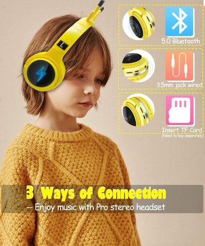 Kids Wireless Bluetooth 5.0 Earphones with 7 Colors LED Light, Earhook Headphones, Foldable Built-in Microphone, Suitable for Boys and Girls Game/Music/Study, Christmas/Birthday/Travel Gift (Yellow)