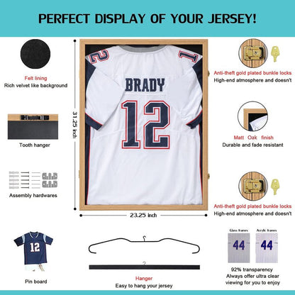 KCRasan Jersey Frame Display Case - Jersey Display Case - Large Lockable Frames Shadow Box with UV Protection for Baseball Basketball Football Soccer Hockey Sport Shirt Military Uniform Oak Finish