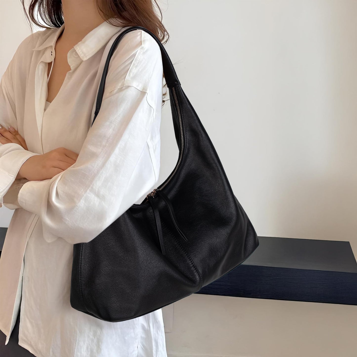 befen Leather Slouchy Hobo Bags for Women, Ultra Soft Full Grain Leather Large Tote Bag,Lightweight Tote Purses Foldable Black Shoulder Handbag, Oversized Hobo Bags for Women Work Travel