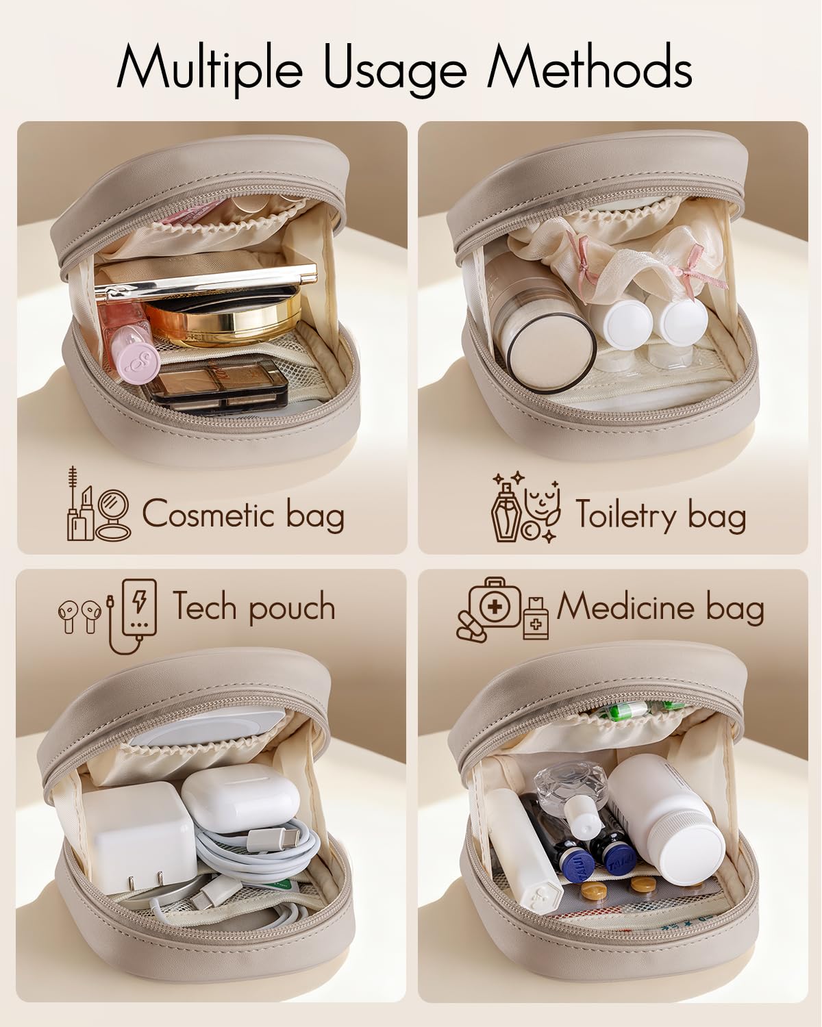 VLANDO Mini Makeup Bag, Small Makeup Bag for Purse with Slip-in Pockets, Portable Travel Toiletry Bag with Zipper, Waterproof Travel Essentials for Women - Toffee