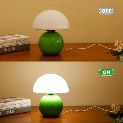 Small Mushroom Lamp,USB-Plug in Bedside Table Lamps with 3-Temperature LED Bulb Dimmable,Unique Cute Aesthetic Home Decor for Living Room,Bedroom, Modern Ceramic Base Glass Lamp(Green)