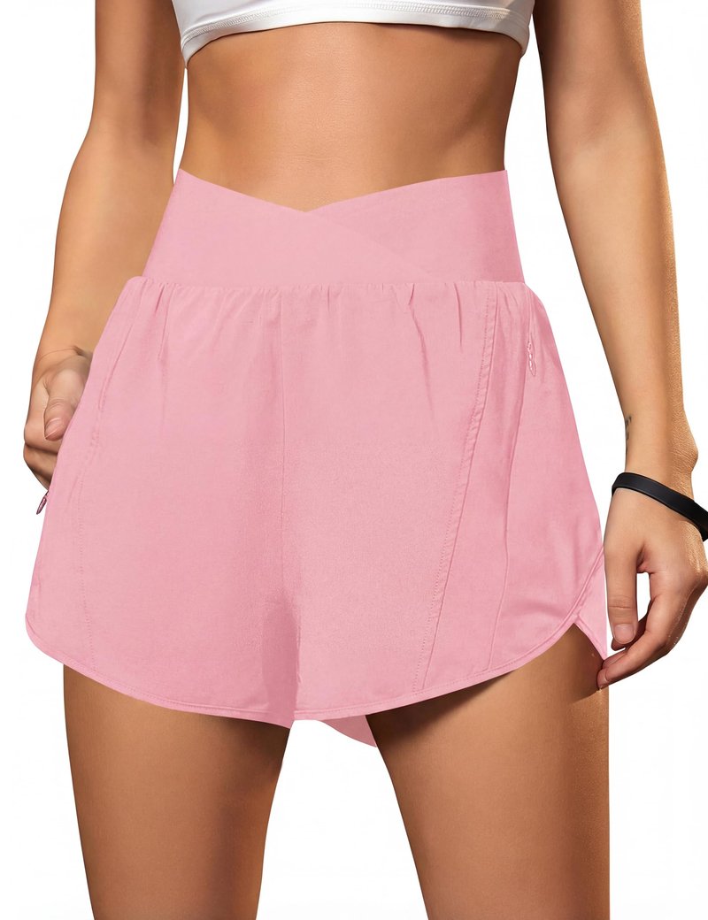 Blooming Jelly Women's Workout Shorts Athletic Running Cross V Cut Waist Work Out Preppy Shorts with Zipper Pockets (Light Pink,X-Large)
