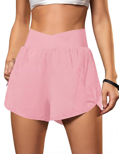 Blooming Jelly Women's Workout Shorts Athletic Running Cross V Cut Waist Work Out Preppy Shorts with Zipper Pockets (Light Pink,X-Large)