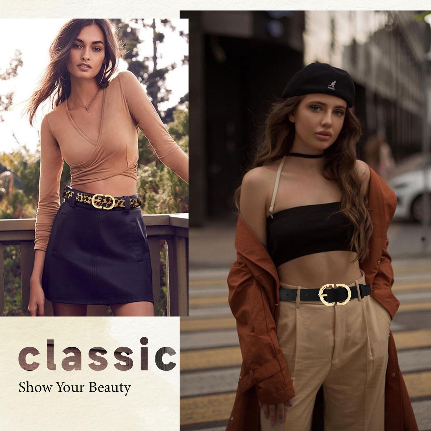 YARIEW 4 Pack Small Leather Belts for Women - Leopard Print Fashion Belt for Jeans, Pants, Dresses - Gold Buckle Waist Belt - Gifts for Ladies