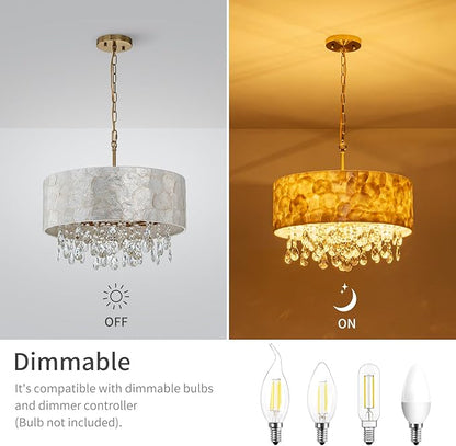 4-Lights Drum Capiz Shell Crystal Chandeliers, Coastal Style Pendant Light Fixture for Dining Room, Living Room, D18 x 21~68"(Adjustable), Shell Lampshade & Gold Finish
