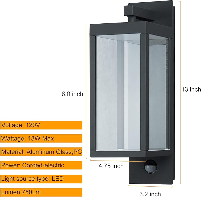 Lustrlach 2 Pack Outdoor Motion Sensor Wall Lights for House,15in LED Exterior Modern Porch Light Fixture Black with Clear Glass IP54 Waterproof for Outside Garden Front Door Patio,750Lumen,13W