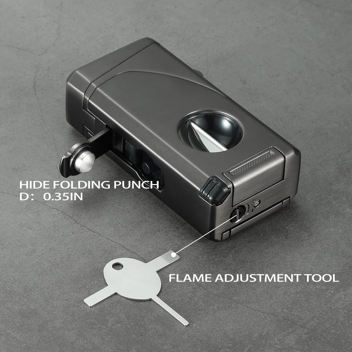 All in One Triple Jet Flame Butane Torch Lighter Built-in Cutter, Cutter V Cut, Punch, Holder Function, Draw Enhancer Tool, Refillable Windproof Gas Lighter, Mens Gifts. Grey(Sold Without Gas) ﻿