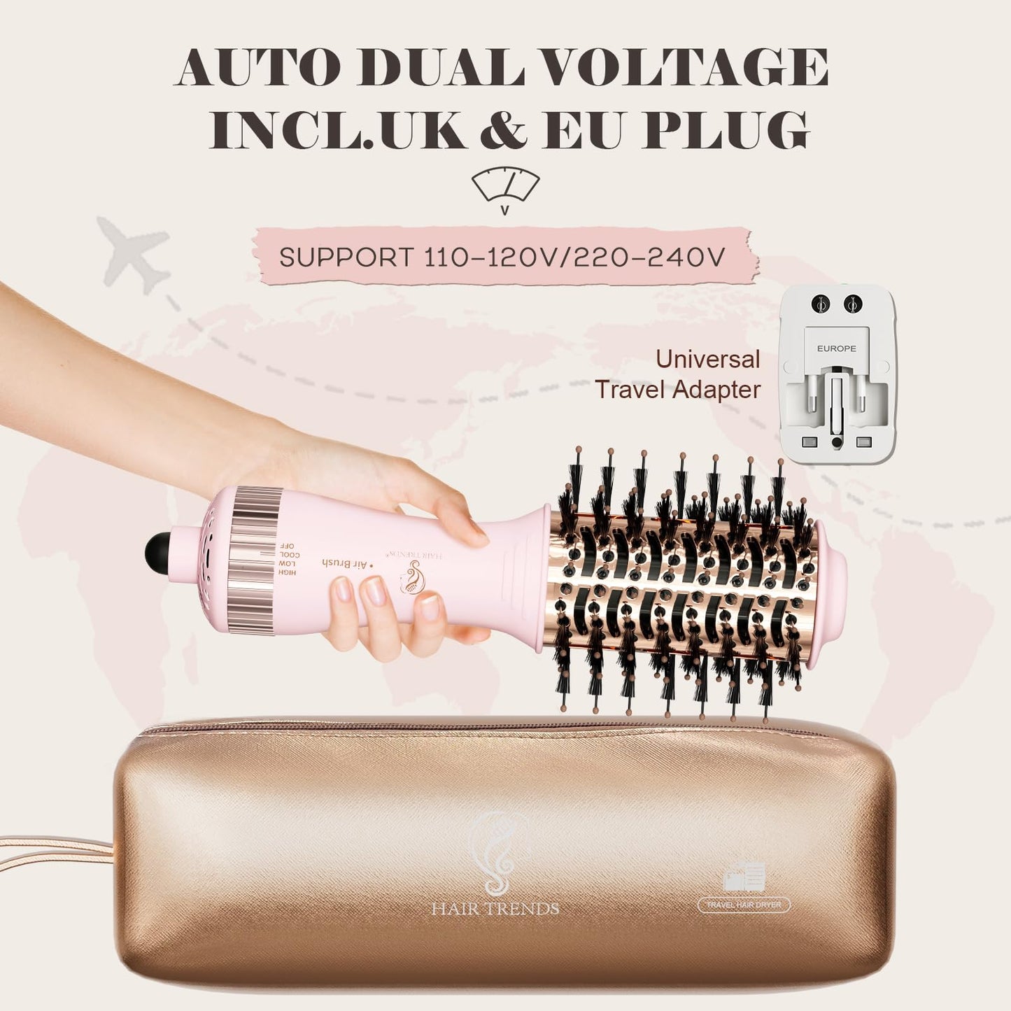 110-240V Travel Brush Hair Dryer, Small Hair Straightener Brush with European Plug Adapter for International Travel, 4 in 1 Hot Air Styler & Dryer for Drying Straightening Curling Volumizing