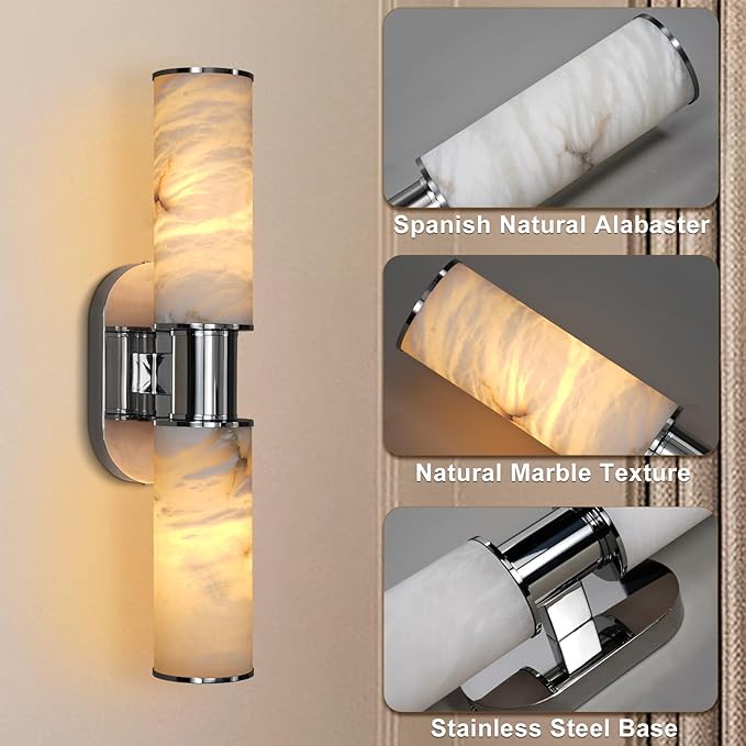22.2" Alabaster Wall Sconce, Brass Bathroom Wall Sconce, Spanish Natural Marble Sconces Modern Wall Lights Lamps for Bedroom Living Room Stairs Indoor Hallway Vanity, Nickel