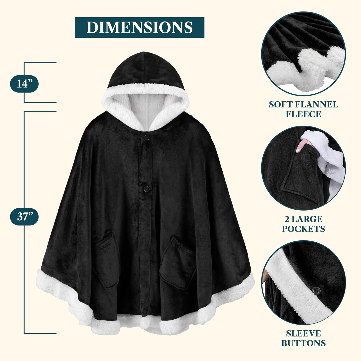 PAVILIA Hooded Blanket Poncho, Women Sherpa Fleece Shawl Wrap with Hood, Wearable Blanket Cozy Warm Poncho Cape Throw with Pockets, Gift for Elderly Mom, Black