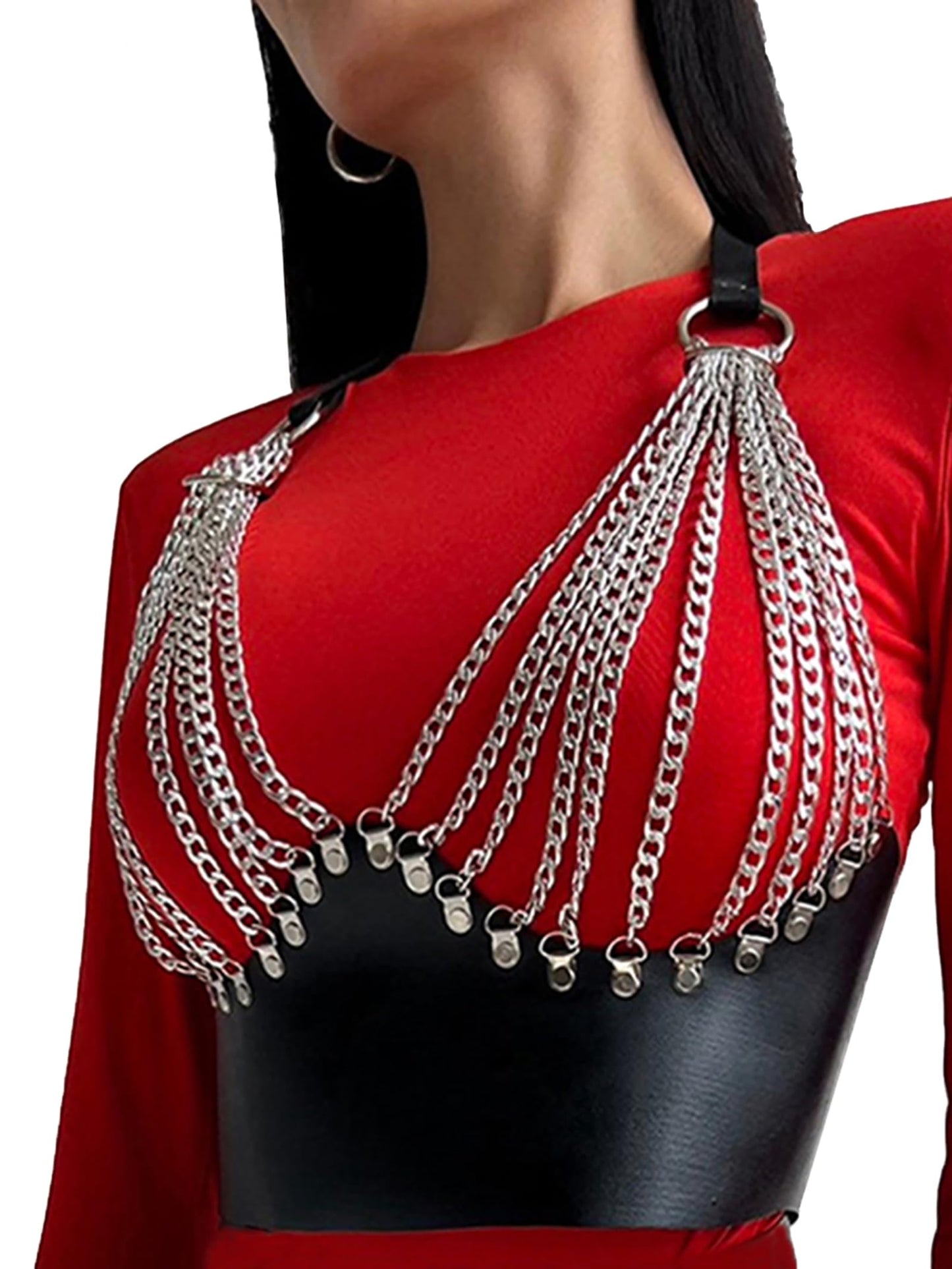 Women’s Punk Chain Harness Top, Adjustable Faux Leather Body Chain Crop with Alloy Hardware for Festival, Party, Rave & Stage Outfits (Fit Underbust 32.2-33.5in)