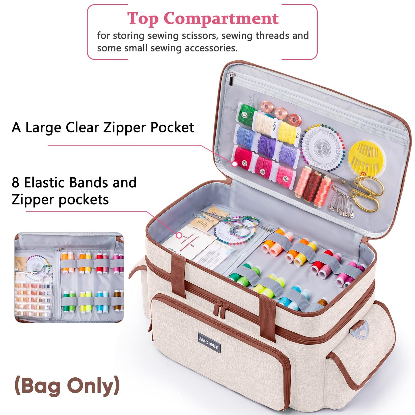 AMOIGEE Large 15" Double-Layer Sewing Storage Bag with Detachable Diviers – Large Sewing Organizer with Shoulder Strap, Elastic Loops for Sewing Supplies, Tools & Accessories