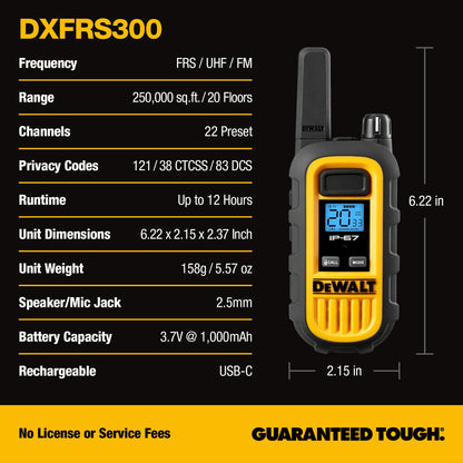DEWALT DXFRS800 FRS Walkie Talkies Long Range 2 Way Radio, 2 Watt, Waterproof & Rechargeable, 2 Pack