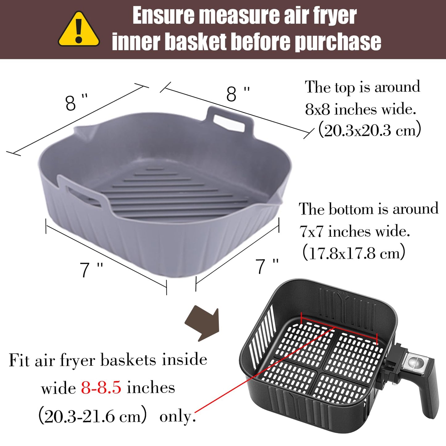 Silicone Liners Square for Air Fryer, 2 Pcs Non-stick Food-grade Reusable Basket Silicone Pot Baking Tray Airfryer Accessories, Top Size 8 inches, Bottom Size 7 inches