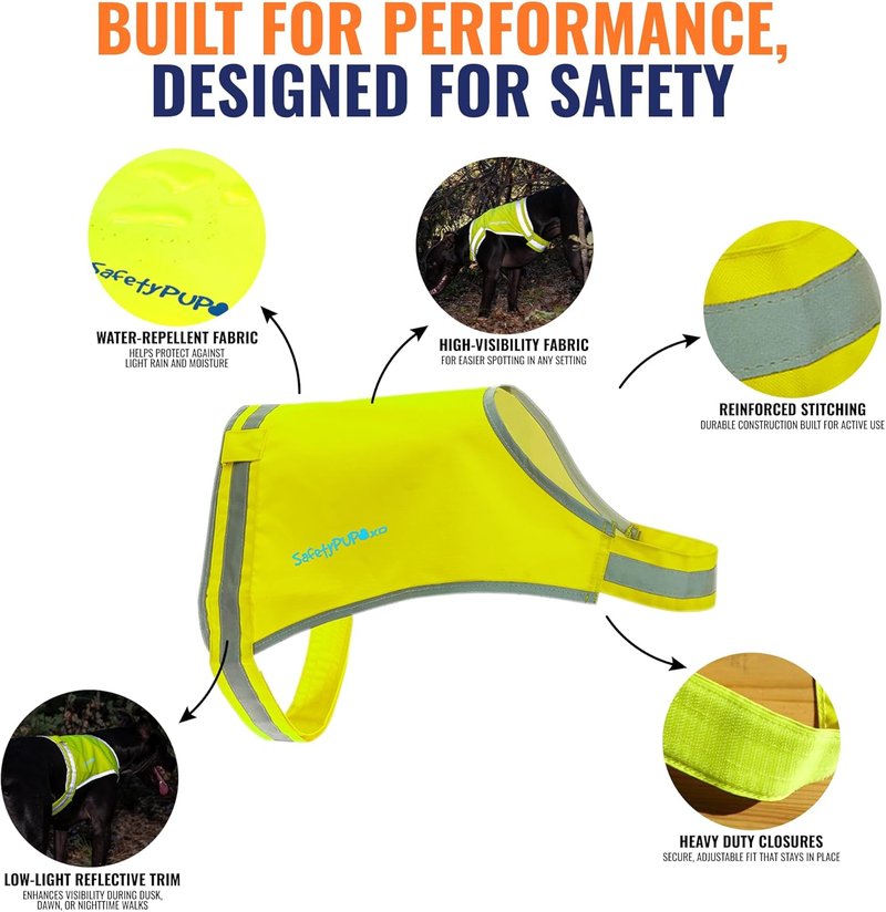 SafetyPUP Dog Vest - Reflective Hi-Visibility Fluorescent Yellow for Safety | Mid Back Coverage