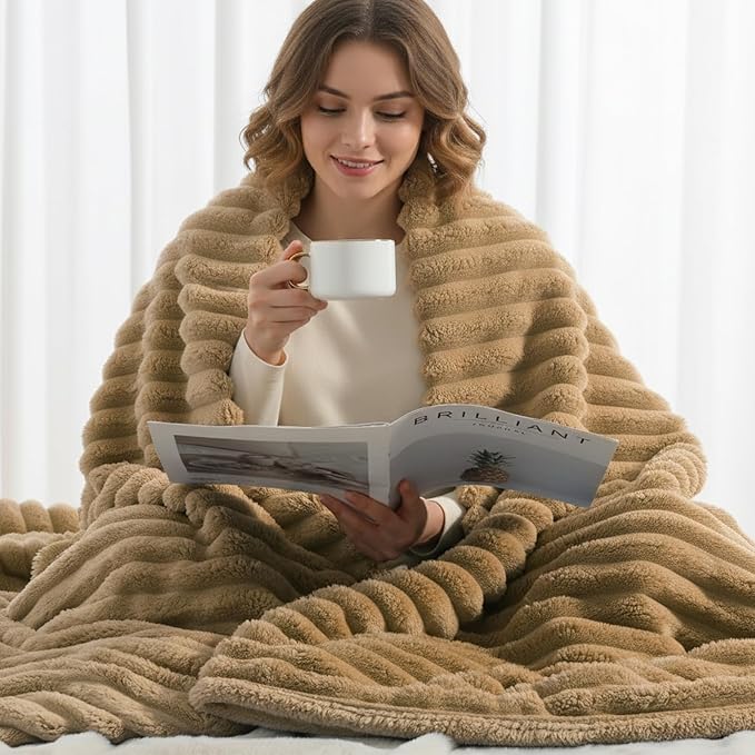decorUhome Soft Fleece Brown Throw Blanket for Couch, Cozy Fluffy Plush Flannel Striped Blanket for Sofa Bed, Lightweight Decorative Ribbed Fuzzy Blanket for Woman, 50x60 Inches