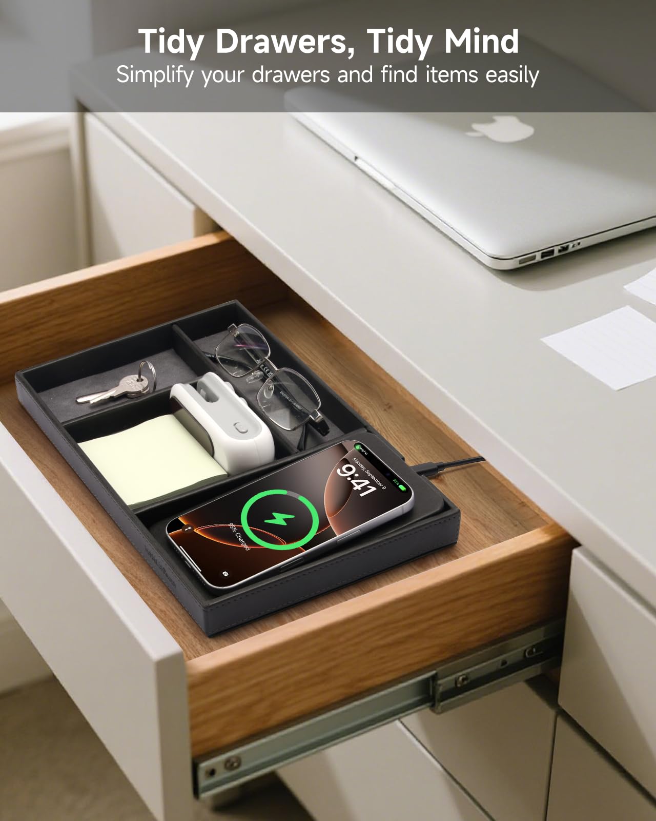 Valet Tray, Built in Wireless Charging Pad, Nightstand Organizer, Two-Toned Premium Vegan Leather Desk Bedside Caddy Organizer Tray for Keys, Watch, Wallet, Jewelry (Black+Gray)