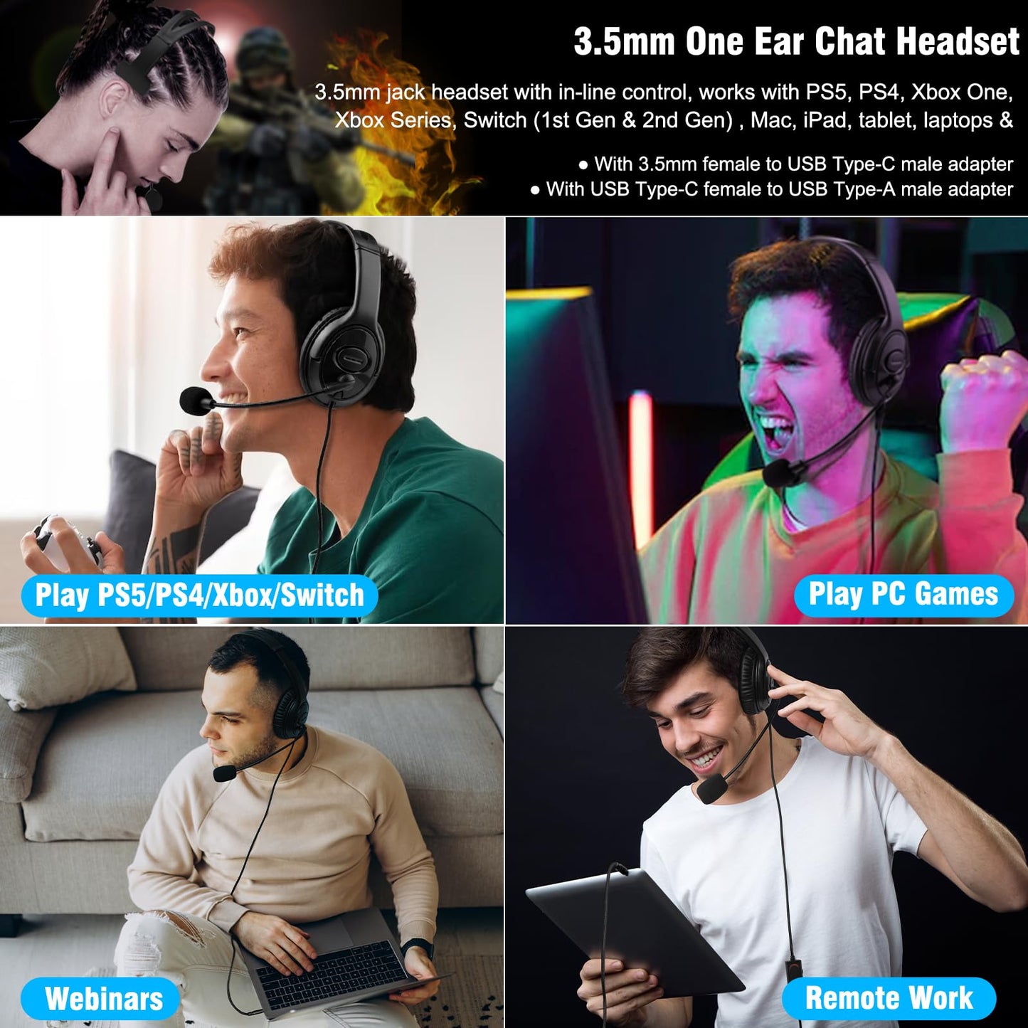 Joso Wired One Ear Headset with Mic, Single Ear Headset for PS5/PS4/Xbox/Switch/PC/iPad/Mac & Tablet with 3.5mm to Type C & USB-A Adapter - Chat Headphone, Office Business, Coach, Gaming, Remote Work
