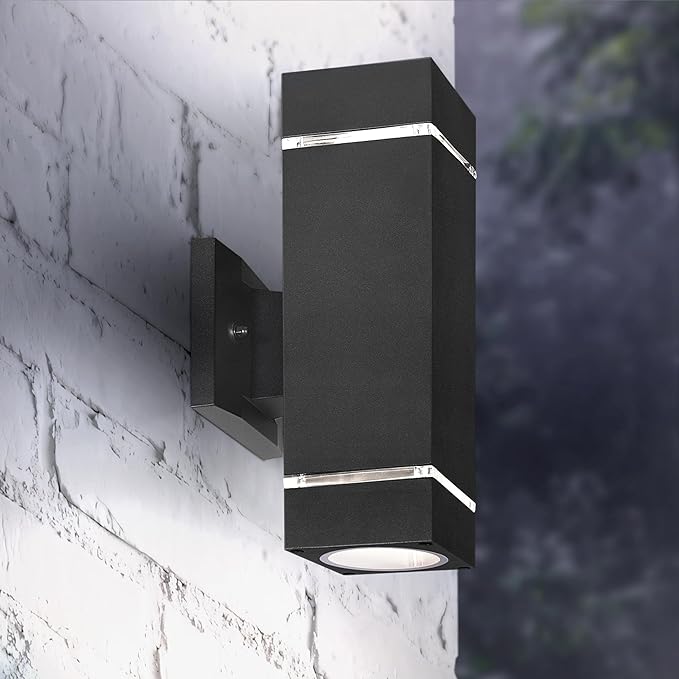 ASD 2 Light Square Outdoor Wall Light Fixture | 120W E26 Bulb Socket 120V ETL Cylinder Up Down Lights | LED/CFL/Incandescent Bulb Exterior Wall Sconce | Front Door, Porch Patio | Ringed Black