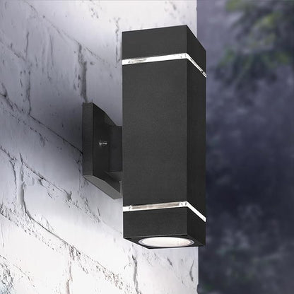 ASD 2 Light Square Outdoor Wall Light Fixture | 120W E26 Bulb Socket 120V ETL Cylinder Up Down Lights | LED/CFL/Incandescent Bulb Exterior Wall Sconce | Front Door, Porch Patio | Ringed Black