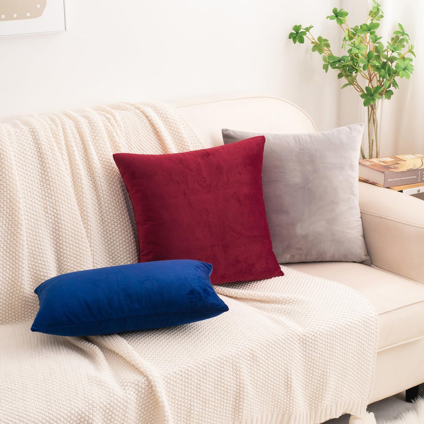 HWY 50 Burgundy Red Velvet Throw Pillow Covers 18x18 Inch, Pack of 2 Soft Cozy Solid Decorative Luxury Cushion Cases for Couch Sofa Bed Living Room Bedroom
