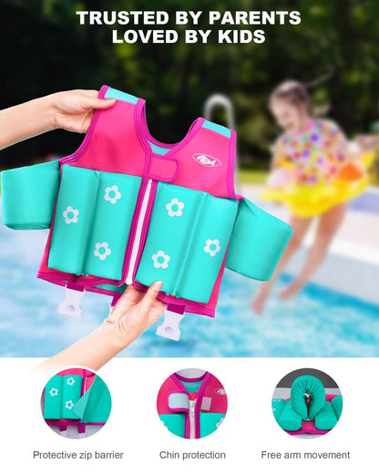 AEOCOO Kids Pool Floaties 1-2-3-5-7-9 Years Old, Toddler Swim Vest 20-30-50-70 Pounds, Comfortable Extended Wear Kids Float Jacket with Crotch Strap, Bright Design and Unpadded Sides, Pink