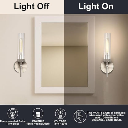 Brushed Nickel Bathroom Vanity Light, Wall Sconces Set of 2 with Knurled Texture, Chrome Silver Wall Lamps with Clear Glass Shade, Modern Industrial Bathroom Lighting Fixtures Over Mirror