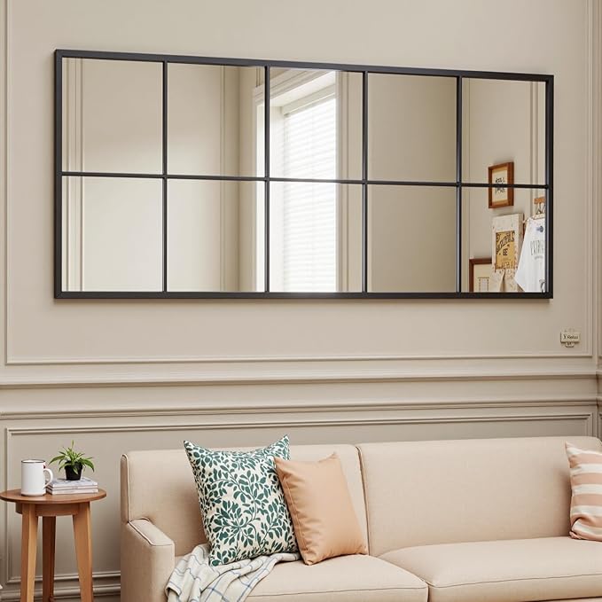 Full Length Mirror, 65"x24" Window Pane Mirror for Wall Decor, Black Full Body or Wall Mounted Mirrors, Farmhouse Standing Mirrors Hanging or Leaning for Living Room, Entryway, No Stand