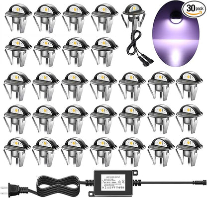 Pack of 30 Low Voltage LED Deck Lighting Kit Stainless Steel Waterproof Outdoor Landscape Garden Yard Patio Step Decoration Lamps LED In-ground Lights (Cold White)