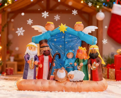 Christmas Inflatable Nativity Scene - 7ft Outdoor Indoor Decoration with LED Lights, Blow Up Yard Decor for Xmas Holiday, Nativity Set Includes Holy Family, Three Kings, Angel & Sheep