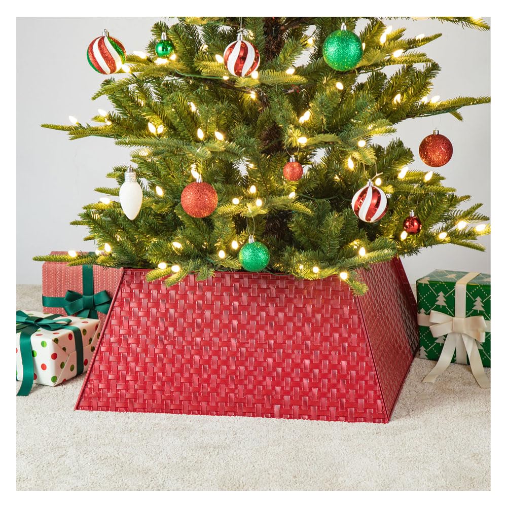Glitzhome 25.75" L Trapezoid Red Metal Weave Tree Collar, Rustic Christmas Trees Stand Cover Tree Ring for Home Festive Party Decor