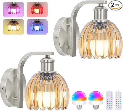 Rechargeable Battery Operated Wall Sconce Set of Two with Amber Glass Lampshade, Wireless Wall Scone Decor with Remote Control, 15 Colors Brushed Nickle Wall Light for Bedside Hallway Bedroom Doorway