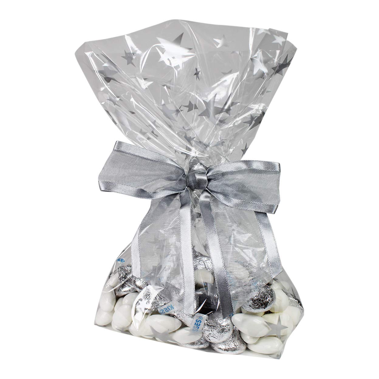 Saybrook Products Silver Stars Christmas Holiday Hanukkah Cellophane Treat Party Favor Bags with Twist-Tie Organza Bow. Set of 10 Ready-to-Use, Gussetted 11x5x3 Goodie Bags with Silver Metallic Bows.